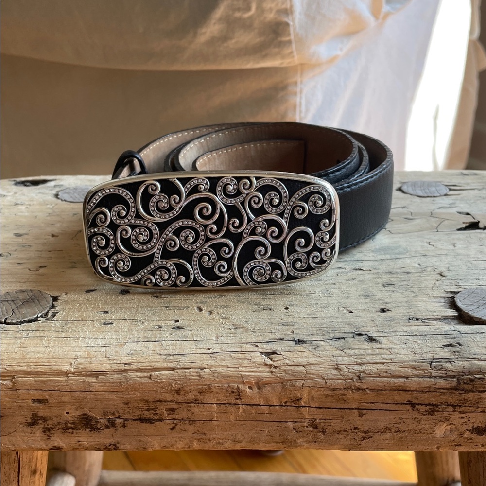 Brighton Black Leather Belt w/ Swirl Rhinestone Buckle – Size 36
